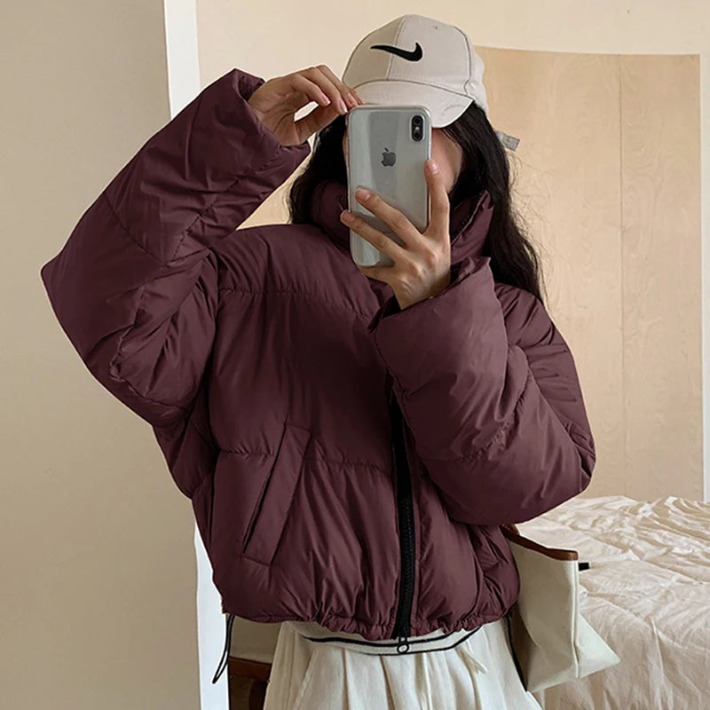 Korean Fashion Women Puffy Coats Simple Solid Loose Short Parkas Winter Thick