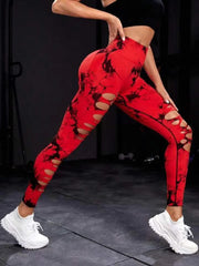 Women Tie Dye Hollow Out Leggings Sports Pants Fitness Sportswear Sexy High Waisted