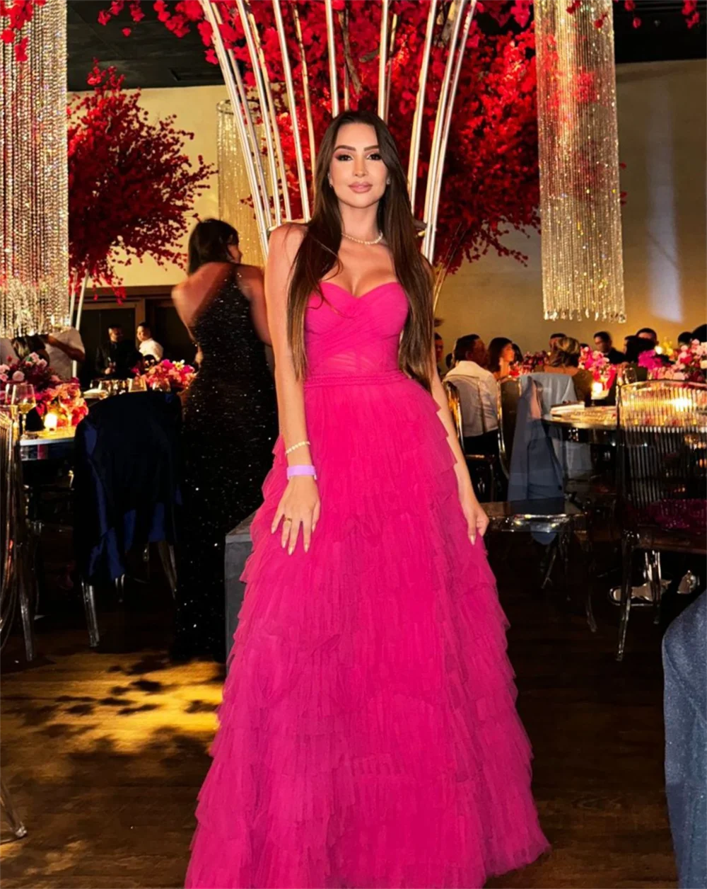 Homecoming Dresses: Pink Prom Dresses Strapless Handmade Tulle Evening Dresses