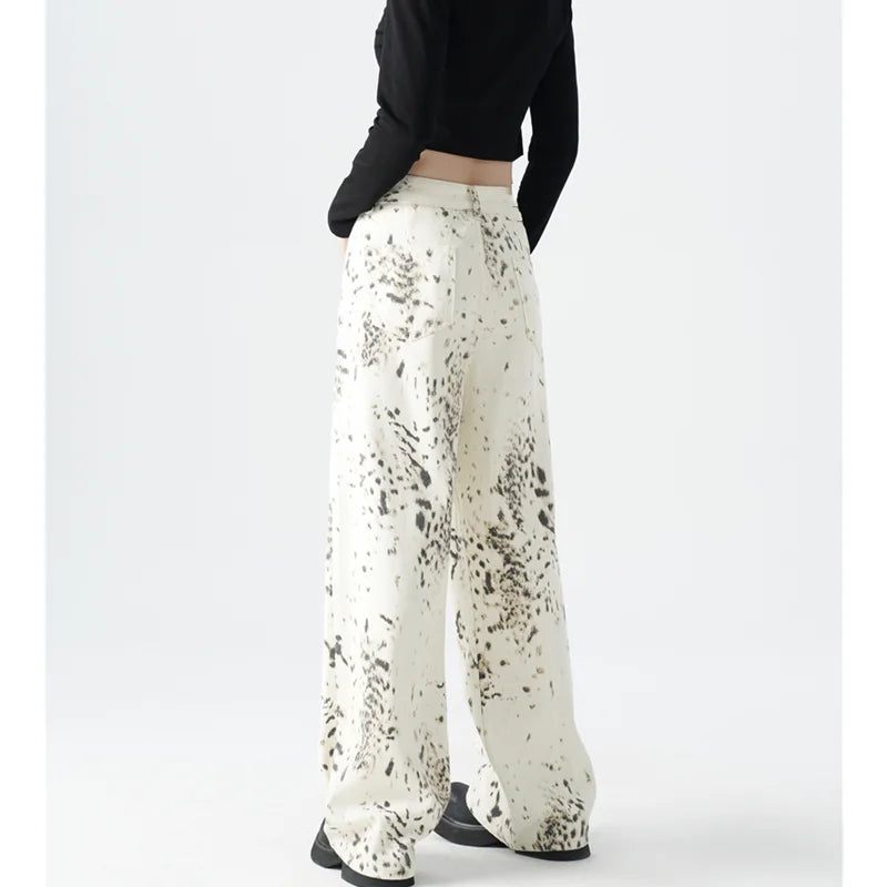 American Retro High Street Casual Leopard Print Loose Wide Leg Pants for Women