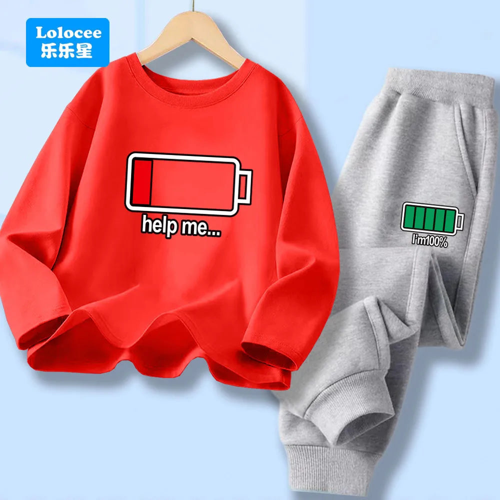 Autumn Kid Boy Long Sleeve 2pcs Clothes Set Children Funny Battery Letter Printed T-shirt Pullover Top And Pants Tracksuits DCW1