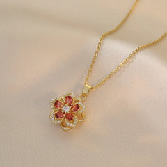 Stainless Steel Gold Plated Romantic Rotatable Flower Zirconia Pendant Necklace