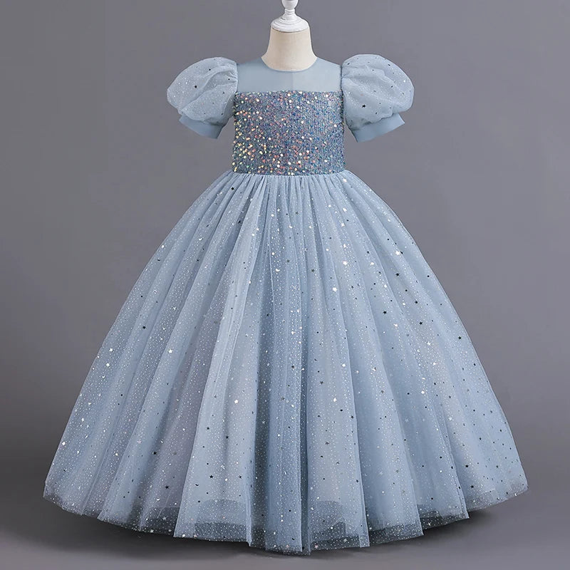 Children's Dress Girls' Princess Sequin Bubble Sleeve Long Mesh Flower Little Girl Wedding For Summer