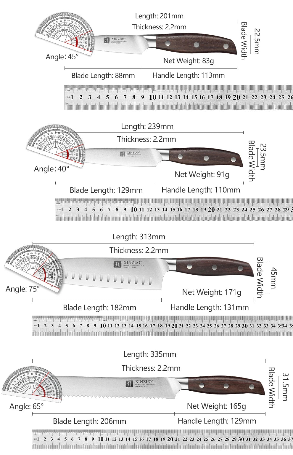 Kitchen Tools 6 PCS Kitchen Knife Set of Utility Cleaver Chef Bread Knife