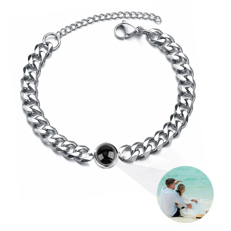 Custom Bracelet with Picture Inside Titanium Steel Cuban Link Chain Bracelet with Personalized Photo Projection for Men Women