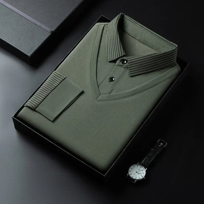 2025 New Men's Casual and Fashionable Long Sleeved Solid Color Fake Two-piece Polo Shirt Business All Season Versatile Top