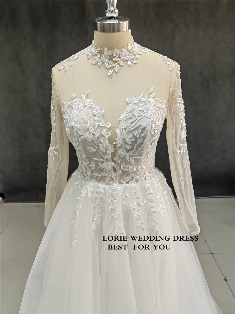 LORIE Long Sleeve Wedding Dresses A Line High Neck Bridal Dress Appliqued Lace Wedding Gowns 2023