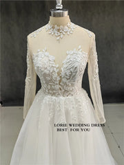 Wedding Dresses A Line High Neck Bridal Dress Appliqued Lace Wedding Gowns