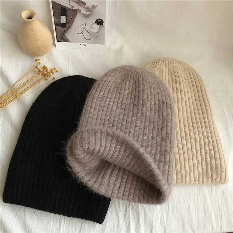 Winter Dome Brimless Casual Hat Warm Rabbit Fur Knit Hat women's double-layer Thick Wool Hat Casual Hat Toe Cap Cold Hat 4m868