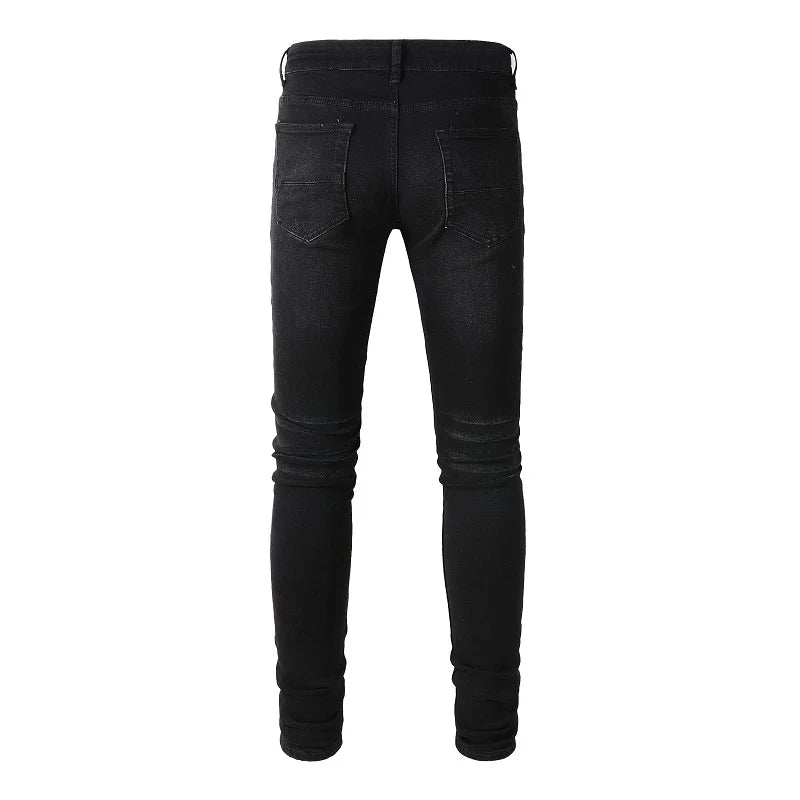 Men Pleated Patch Biker Jeans Streetwear Skinny Tapered Stretch Denim Pants Ripped