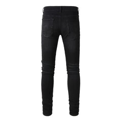 Men Pleated Patch Biker Jeans Streetwear Skinny Tapered Stretch Denim Pants Ripped