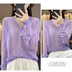 Summer Sunscreen Ice Silk Cardigan Women's V-Neck Long Sleeve Loose Knitted