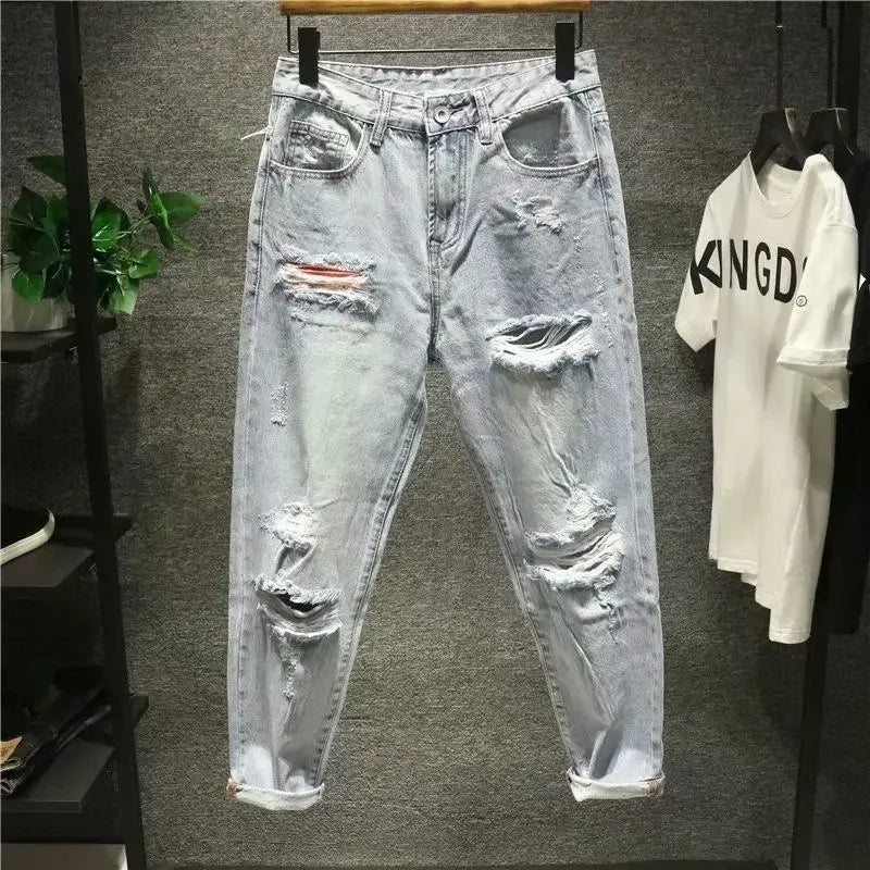 Men's Jeans with Holes Man Cowboy Pants Cropped Harem Hip Hop Trousers