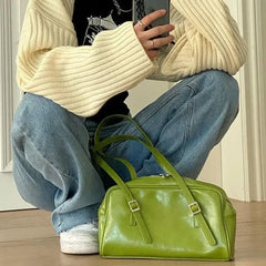 Fashion Women Green Big Shoulder Bags PU Leather Female Purse Handbags