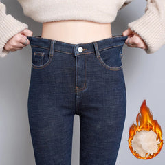 Women Thick Velvet High Waist Skinny Jeans Winter Warm Plush Stretch Snow Jeans