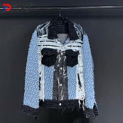 Jackets For Men Long Sleeve Patchwork Tassels Loose Single Breasted Denim Coat