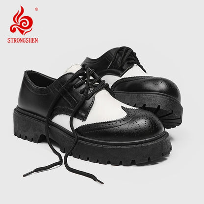 STRONGSHEN Men Casual Fashion Shoes Handmade Carving Brogue Leather Business Shoes Men Flats Black White Oxfords Formal Shoes