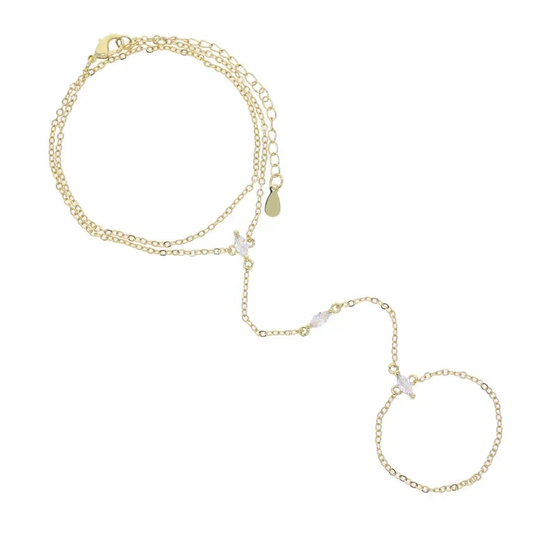 2025 New Geometric Marquise Cubic Zirconia CZ Paved Double Wrist Hand Chain Bracelet Simple Fashion Women Finger Slave Jewelry