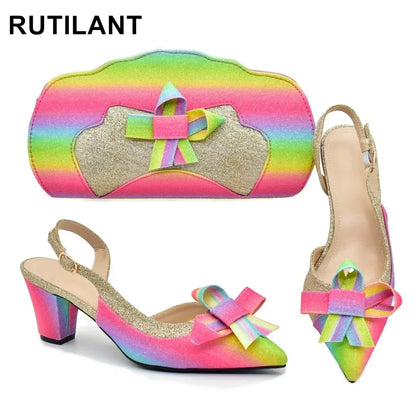Italian High Fashion Shoes Decorated with Rainbow Butterfly Shoes and Bag To Match for Wedding Nigeria Bag and Shoes for Ladies
