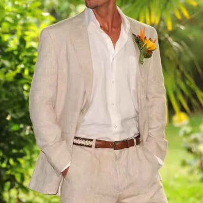 Beige Linen Wedding Suits for Men Garden Summer Groom Tuxedos Notch Lapel Prom Party Blazer 2 Piece Set ( Jacket + Pants )
