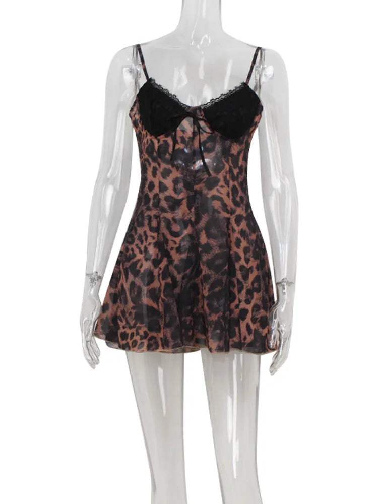 CNYISHE Party Leopard Backless Women Dresses V Neck Sleeveless Sheath Bodycon Lace-up Sexy Club Fashion Female Vestidos Robes