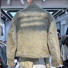 Collarless wash denim motorcycle jacket