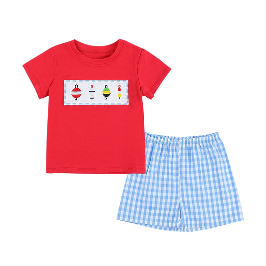 Boutique Smocked Fish Lure Embroidery Plaid Print Boys Clothing Sets Summer Short Sleeve Cotton Baby 2pcs Set Baby Clothes