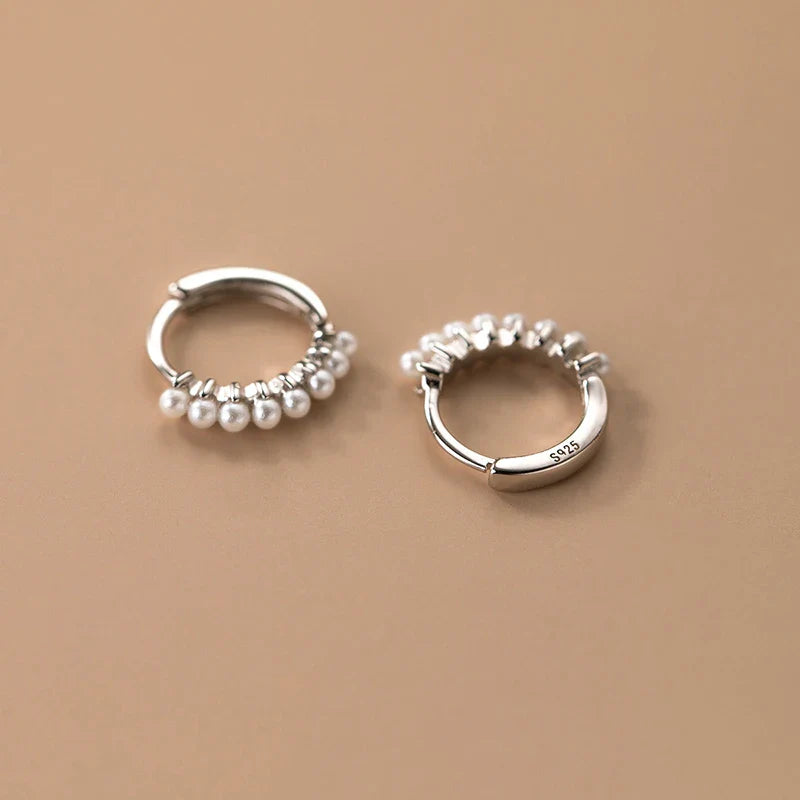 WANTME 925 Sterling Silver Vintage Simple Pearl Huggies Ear Buckles for Women Charms Party Piercing Hoop Earrings Jewelry Gift