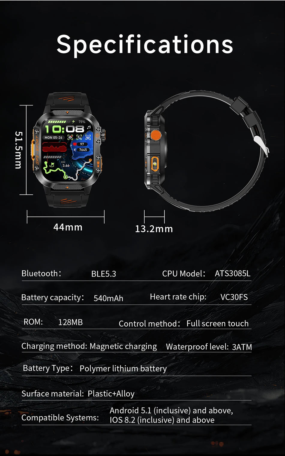2025 New Military Outdoor Smart Watch Men's GPS Flashlight Bluetooth Call 2.01" AMOLED Screen 3ATM Waterproof Sports Smartwatch