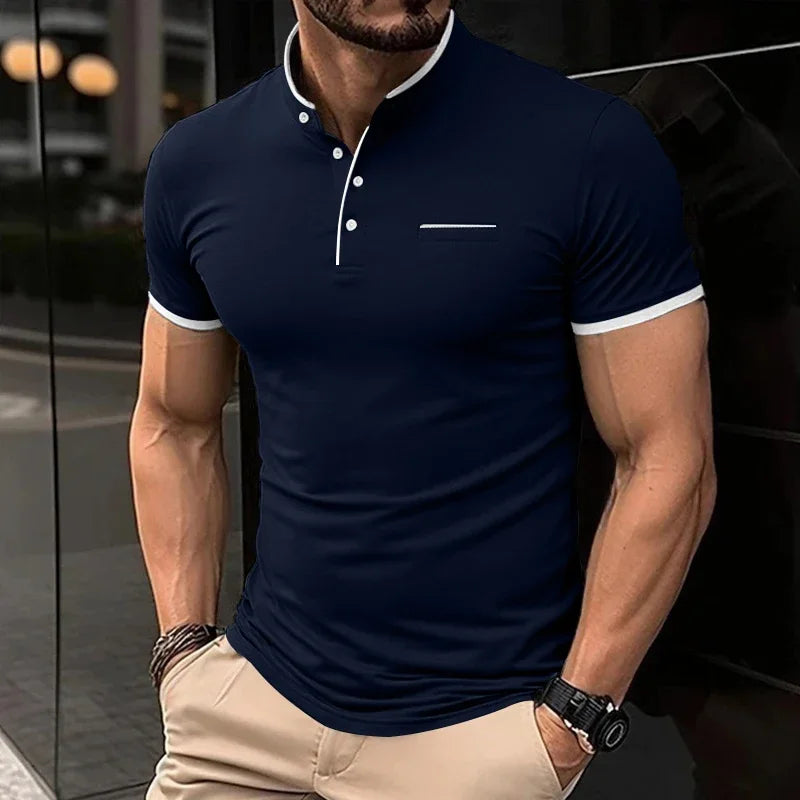 2025 New Men's Casual and Fashionable Solid Color Short Sleeved Stand Up Collar T-shirt Summer Versatile and Comfortable Top