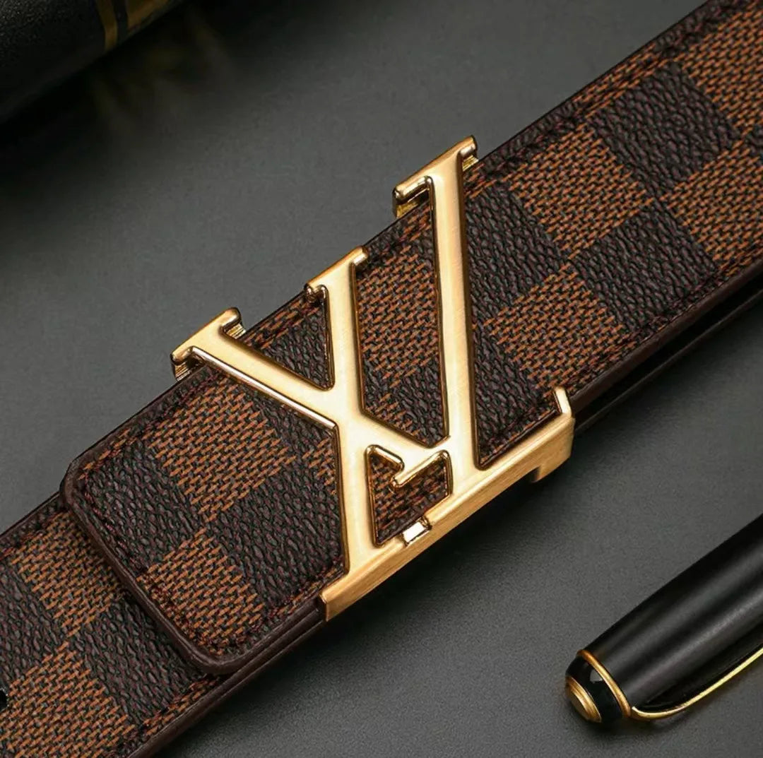 Light Luxury Premium Mens Leather Belt Check Pattern Genuine Pure Cowhide Casual Business Trendy Waist Belt