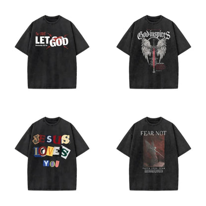 Men's T-shirt Jesus washed short-sleeved oversize T-shirt streetwear printed retro T-shirt suitable for both men and women