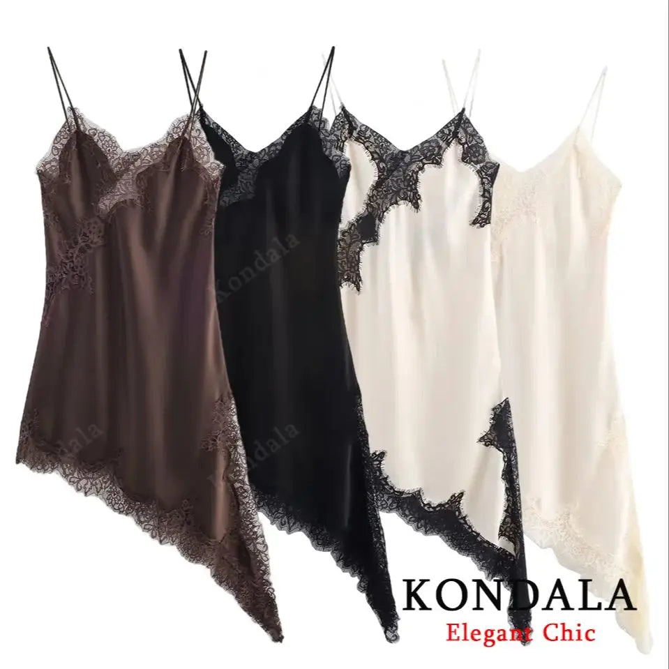 KONDALA Lady Elegant Lace Halter Y2K Dress Satin Asymmetrical Mini Dress 2025 Summer Fall High Street Party Hot-Sexy Women Dress