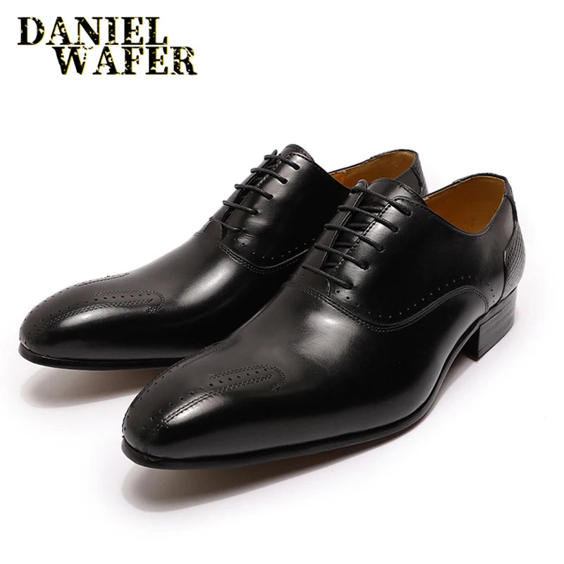 Winter Luxury Men Genuine Leather Shoes Lace Up Wedding Office Business Pointed Toe Formal Men's Dress Oxford Shoes for Men