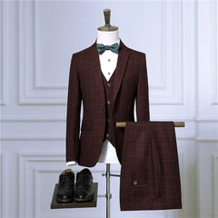 Blazers Pants Vest Sets Fashion Suits / Men's Casual Business Plaid 3 Piece Suit Jacket