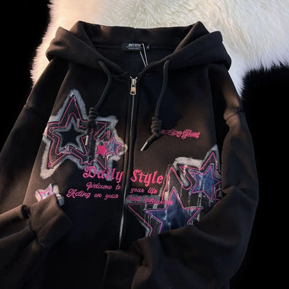 Aesthetic Star Print Cardigan Zip Up Sweatshirt Men Women Autumn Winter Loose Tide Brand Couple Hooded Zip Jacket Harajuku Y2k