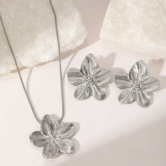 Stainless Steel Jewelry Set French Vintage Flower Necklace Earrings Exaggerated