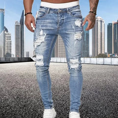 Ripped Skinny Jeans Men Vintage Wash Elastic Biker Holes Denim Pants Casual Slim