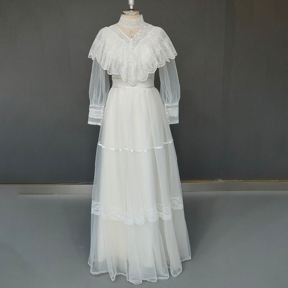 White Bridesmaid Dresses: High Neck Tulle Wedding Dress Vintage Long Sleeve Lace