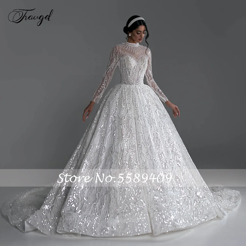 White Bridesmaid Dresses: Wedding Dresses High Neck Long Sleeve