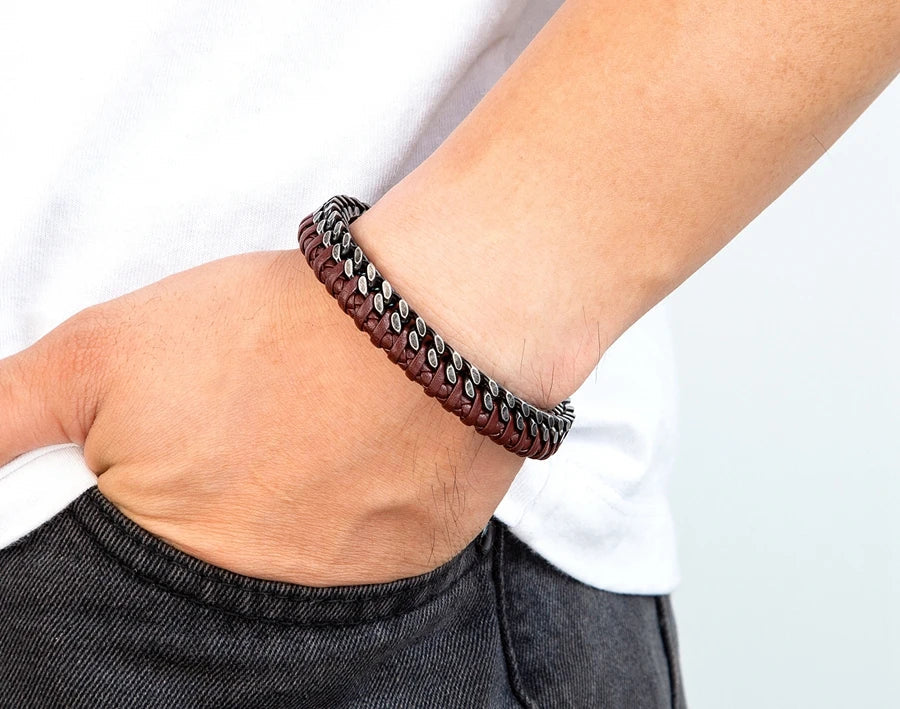 TYO New Fashion Stainless Steel Double Chain Braid Leather Mens Bracelet with Magnetic Buckle Best Gifts Whoesale Dropshipping