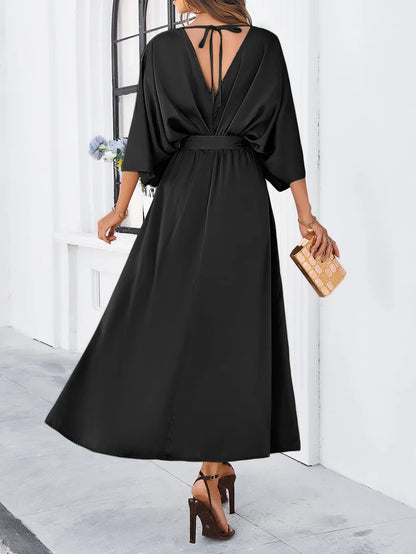 Elegant V-neck Loose Dress for Women Wedding Party Dress Up Long Solid Office Lady Outfit Outfit 2024 Spring Summer Streetwear