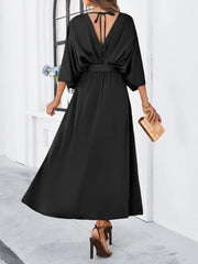 Elegant V-neck Loose Dress for Women Wedding Party Dress Up Long Solid Office Lady