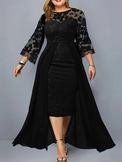 Plus Size Party Dresses for Wedding Guest Women's 2023 Spring Summer Long Sleeve Lace Floral See Through Elegant Bodycon Dress