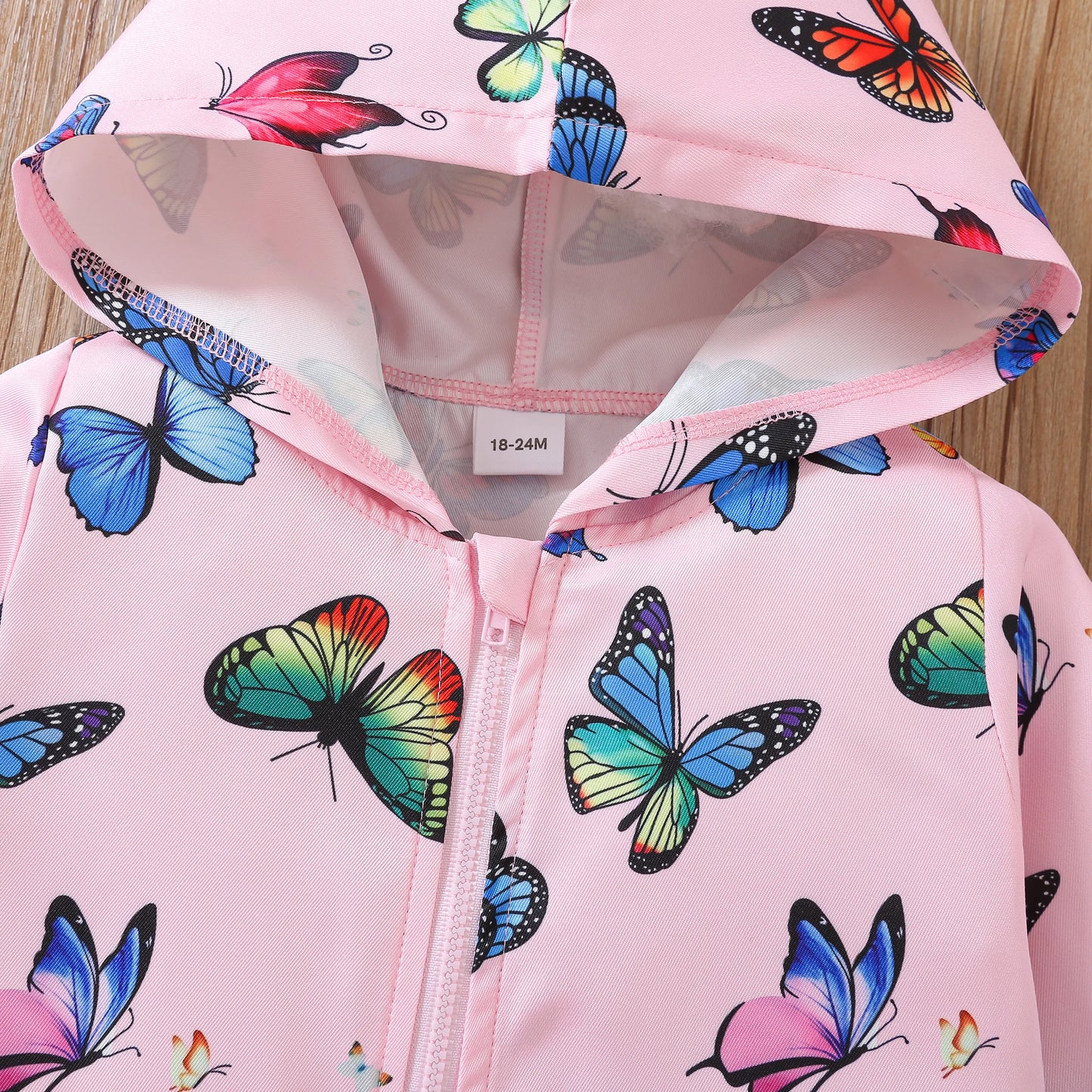 Pink girls autumn sweet jacket full printed butterfly long-sleeved hooded zipper sweater kids daily casual baby girl clothing
