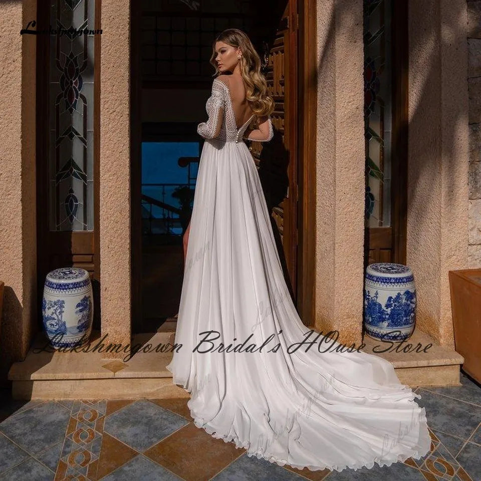 White Bridesmaid Dresses: Wedding Dress Lace Long Sleeve Bridal Dress Open Back