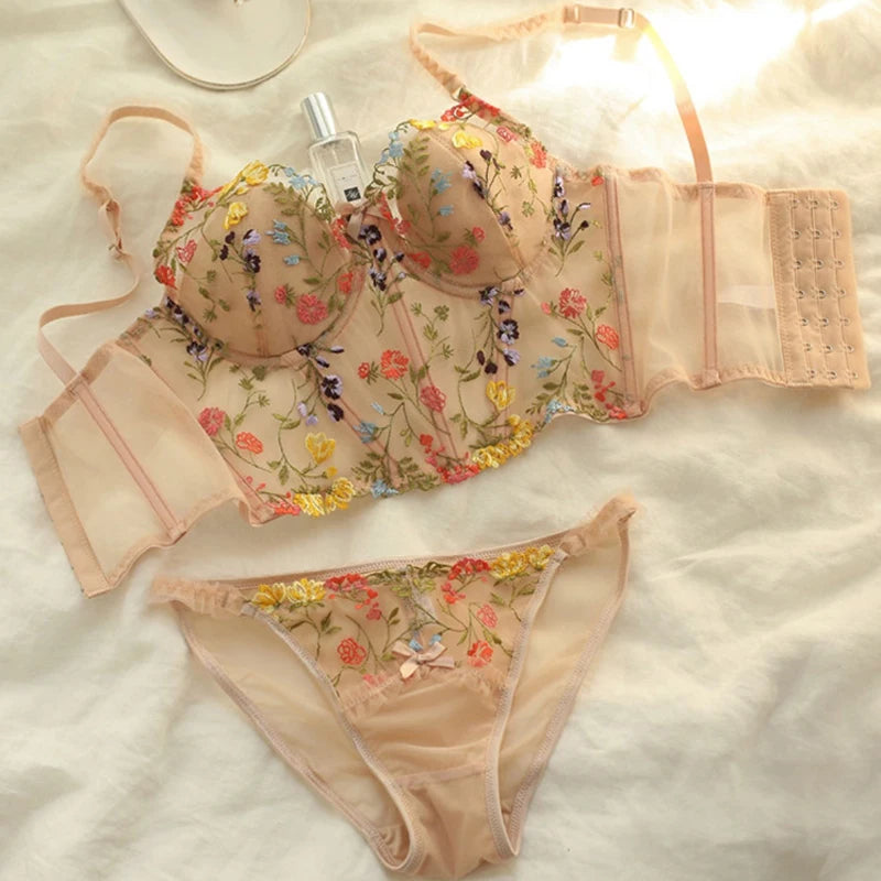 Lace Camisole Ultra Thin Underwear Lace Embroidery Push Up Bra Set