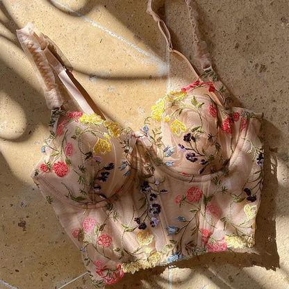 Lace Camisole Ultra Thin Underwear Lace Embroidery Push Up Bra Set