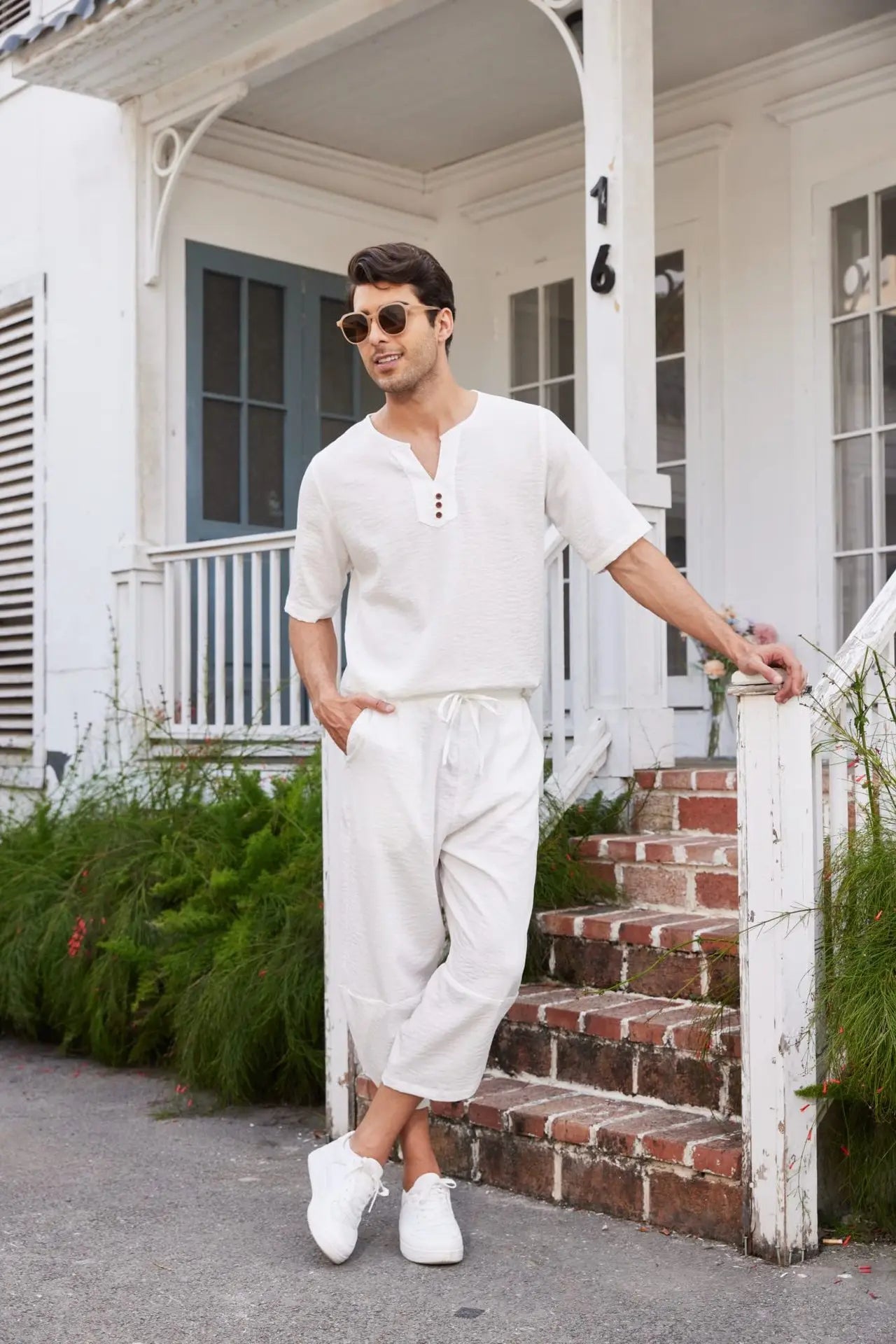 Summer Cotton Linen Shirt Set Men's Casual Outdoor 2-Piece Suit Andhome Clothes Pajamas Comfy Breathable Beach Short Sleeve Sets
