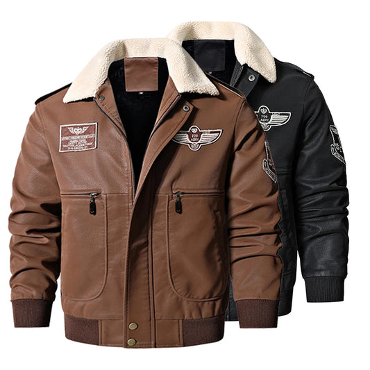 Men's Bomber Motorcycle Leather Jacket Vintage Brown Military Flight Coat Winter